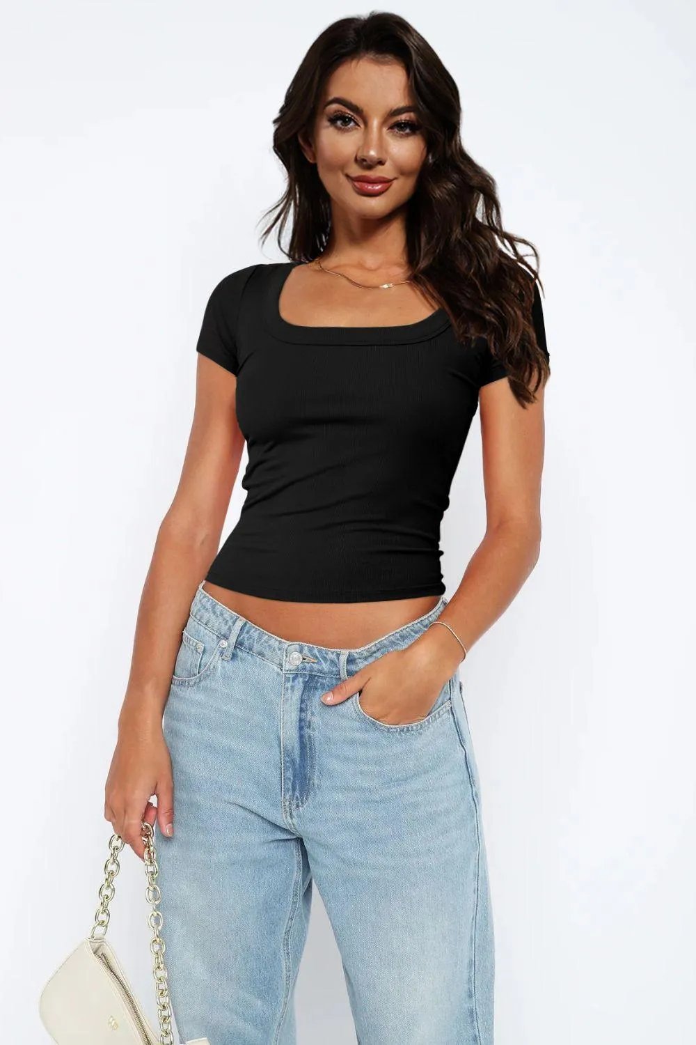 Square Neck Short Sleeve Tee - Trendsi