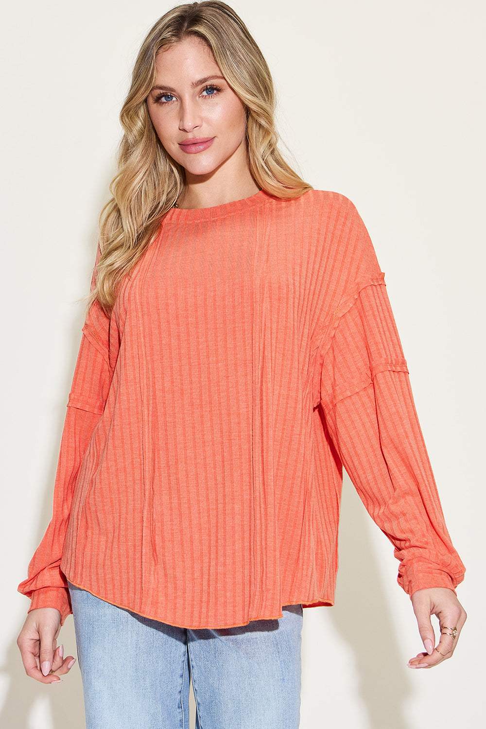 Basic Bae Full Size Ribbed Round Neck Long Sleeve T-Shirt - Trendsi - Flyclothing LLC