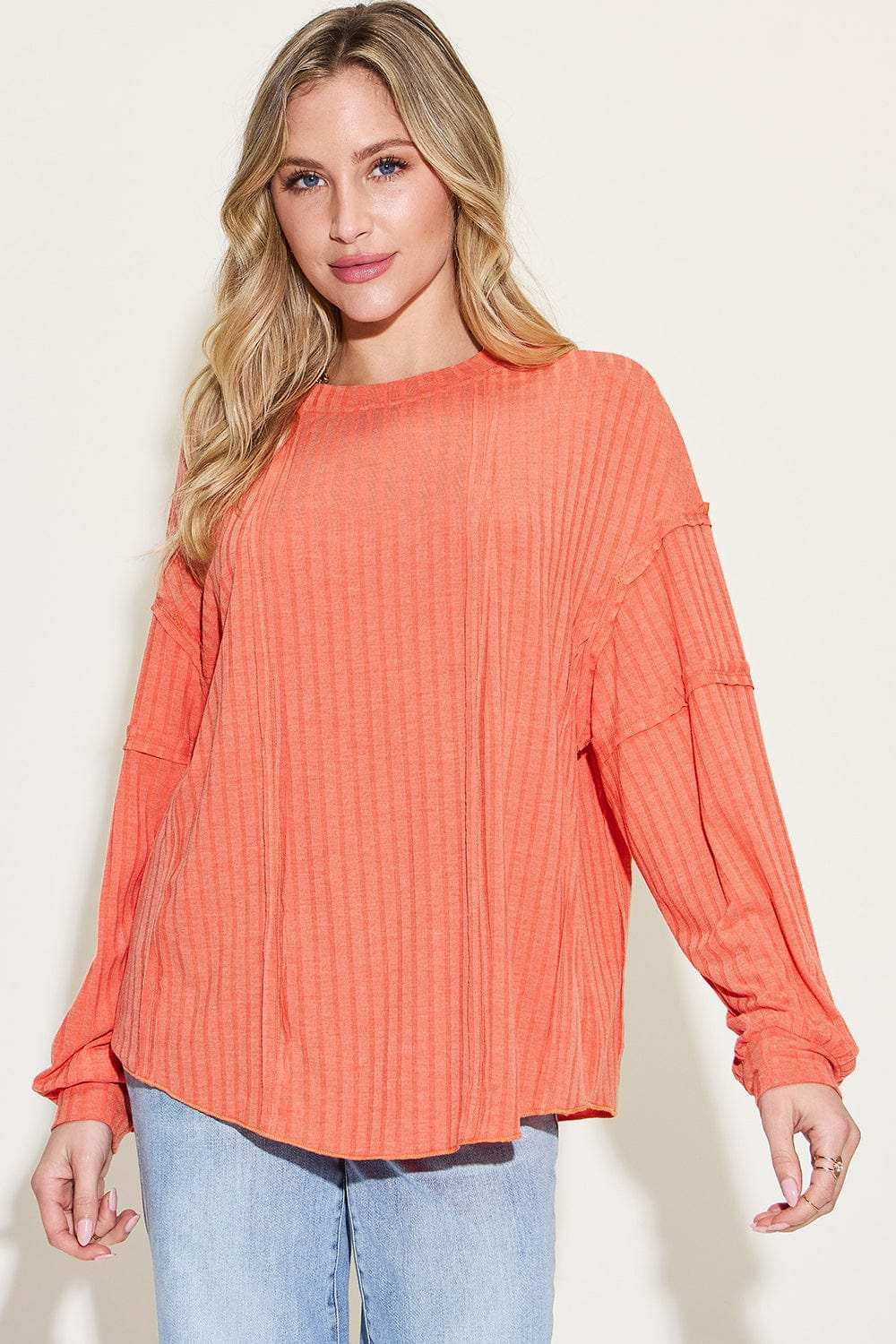 Basic Bae Full Size Ribbed Round Neck Long Sleeve T-Shirt - Trendsi - Flyclothing LLC