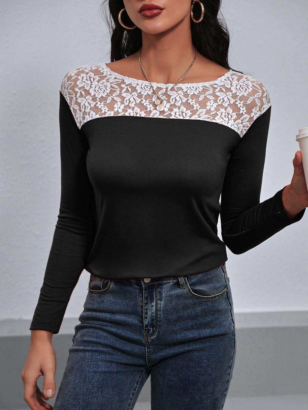 Lace Trim Long Sleeve Round Neck Tee - Trendsi - Flyclothing LLC