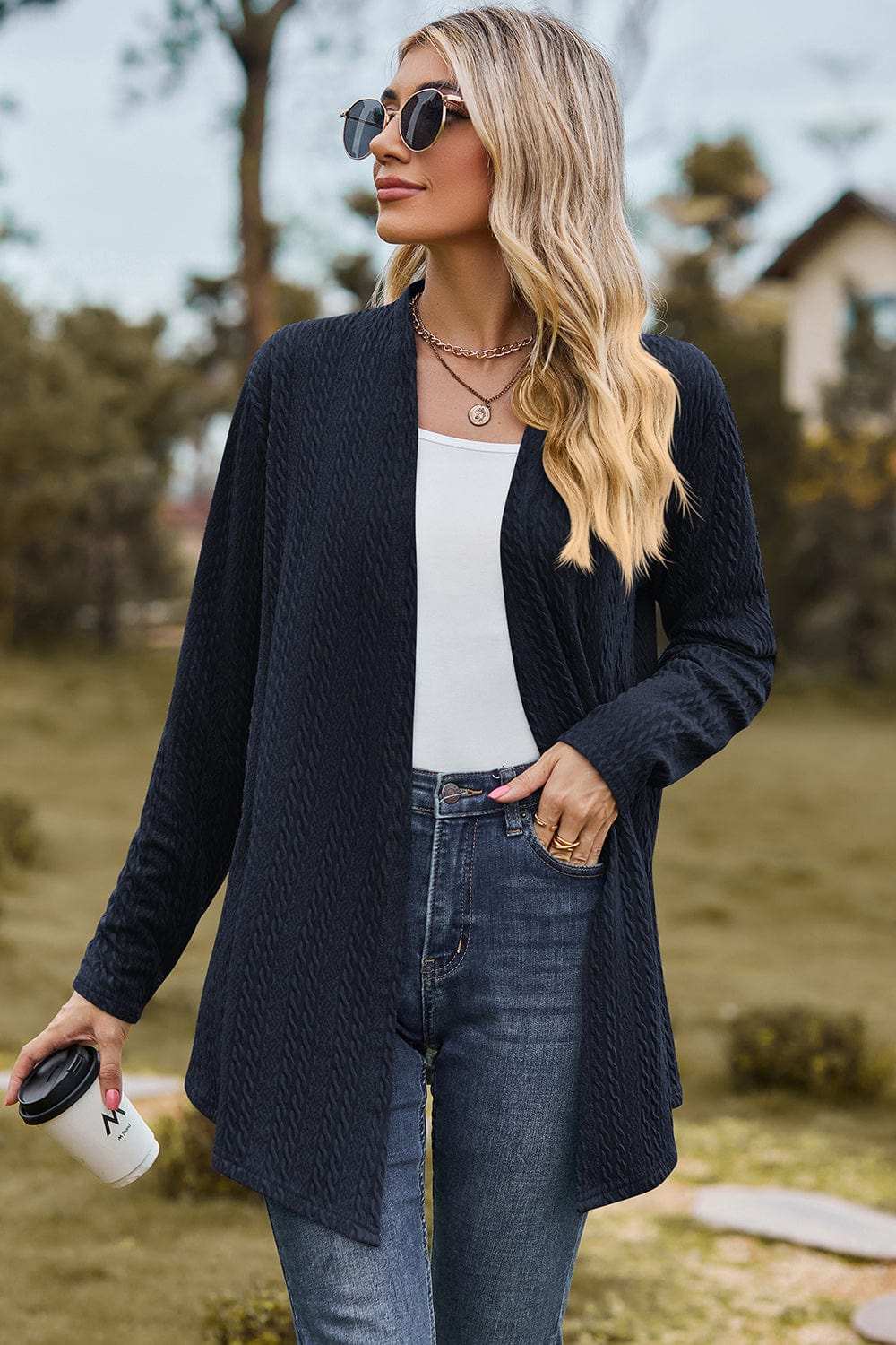 Textured Open Front Long Sleeve Cardigan - Trendsi - Flyclothing LLC