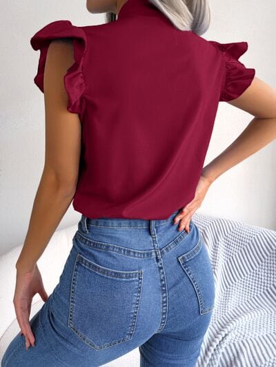 Tie  Neck Cap Sleeve Blouse - Trendsi
