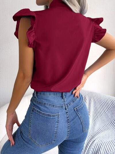 Tie Neck Cap Sleeve Blouse - Trendsi - Flyclothing LLC