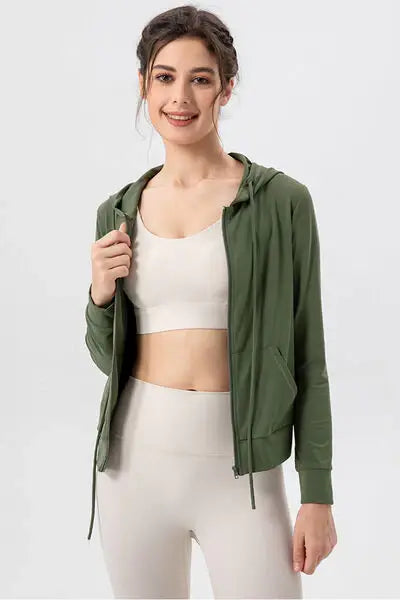 Drawstring Zip Up Hooded Active Outerwear - Trendsi - Flyclothing LLC