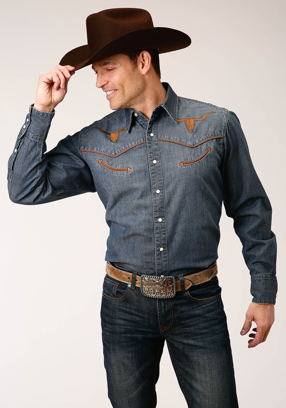 Roper Mens Long Sleeve Snapmed Wash Denim Shirt Smile Pkts Western Shirt - Roper