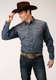 Roper Mens Long Sleeve Snapmed Wash Denim Shirt Smile Pkts Western Shirt - Roper