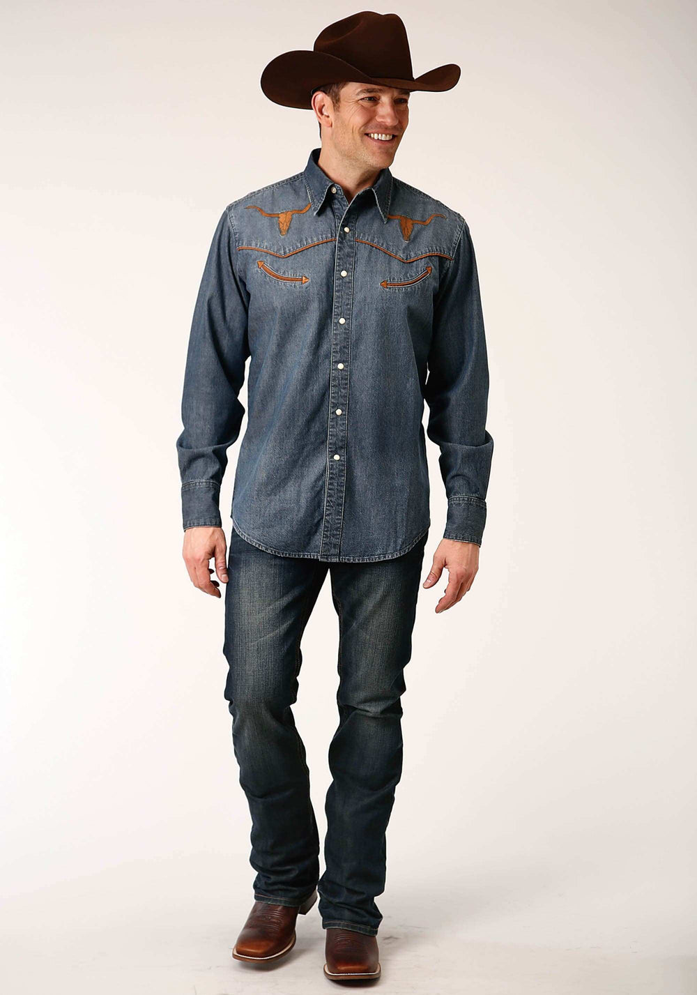 Roper Mens Long Sleeve Snapmed Wash Denim Shirt Smile Pkts Western Shirt - Roper - Flyclothing LLC