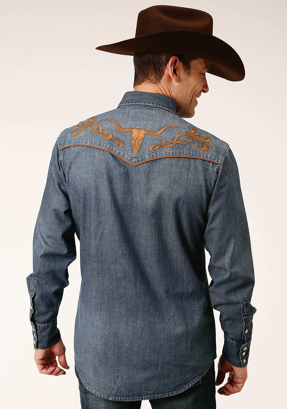 Roper Mens Long Sleeve Snapmed Wash Denim Shirt Smile Pkts Western Shirt - Roper - Flyclothing LLC