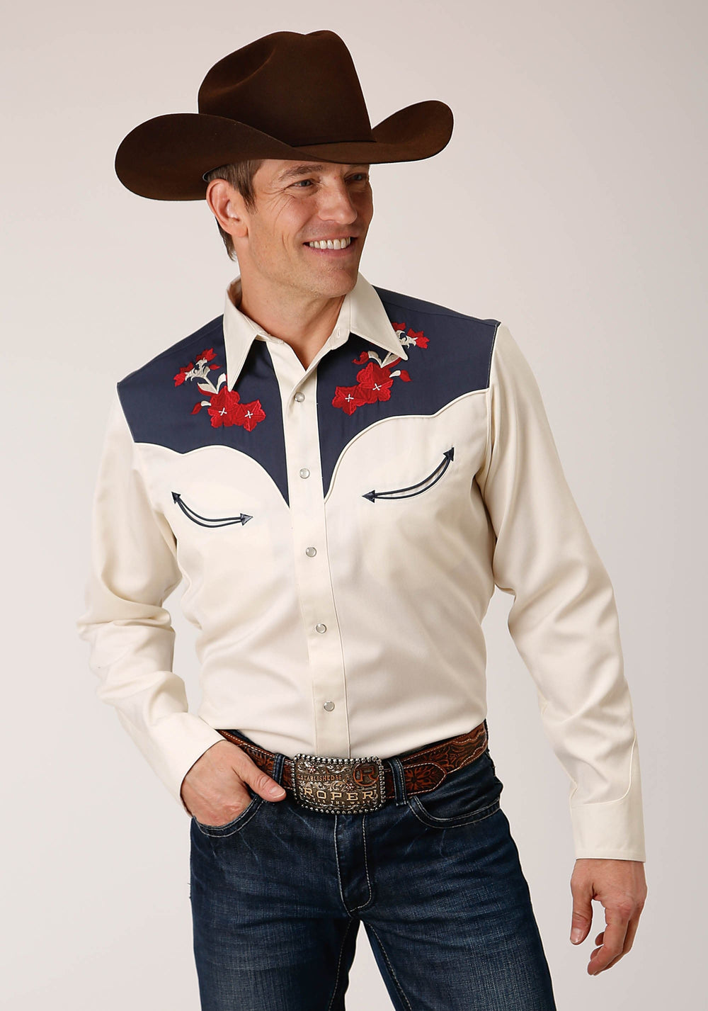 Roper Mens Long Sleeve Snap Poly Rayon Twill W Contrast Blue Yokes Western Shirt - Roper