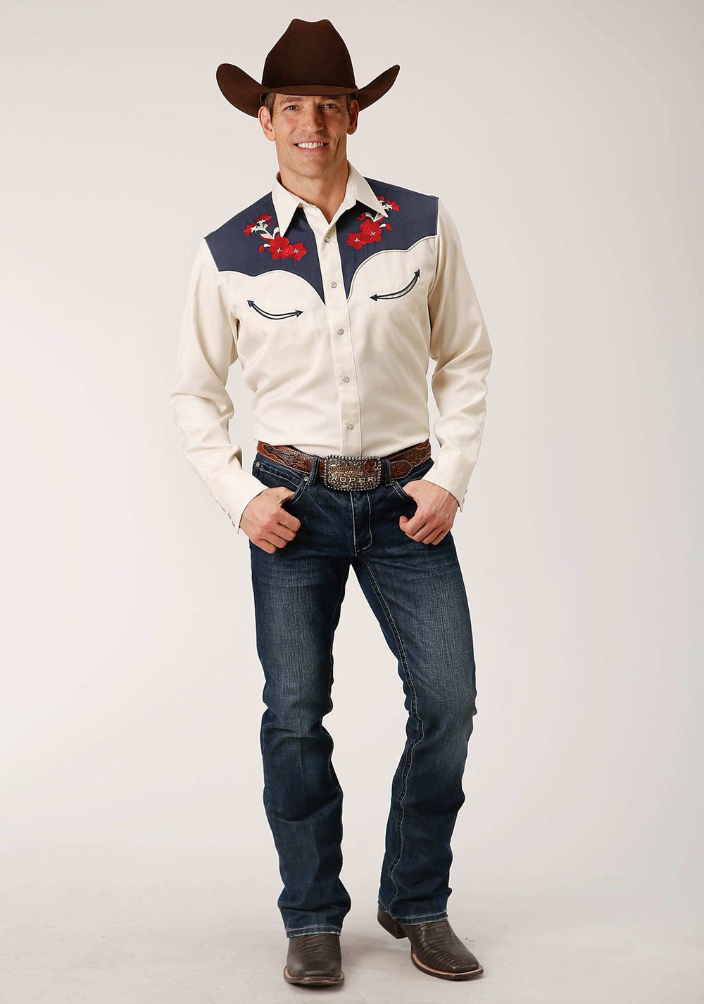 Roper Mens Long Sleeve Snap Poly Rayon Twill W Contrast Blue Yokes Western Shirt - Roper - Flyclothing LLC