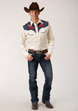 Roper Mens Long Sleeve Snap Poly Rayon Twill W Contrast Blue Yokes Western Shirt - Roper