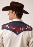 Roper Mens Long Sleeve Snap Poly Rayon Twill W Contrast Blue Yokes Western Shirt - Roper