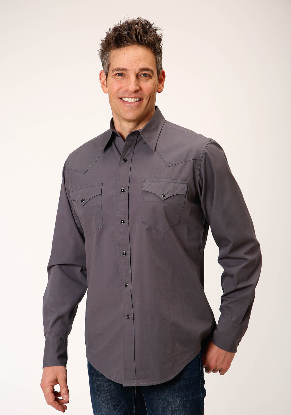 Roper Mens Long Sleeve Snap Solid Poplin Charcoal Western Shirt - Roper