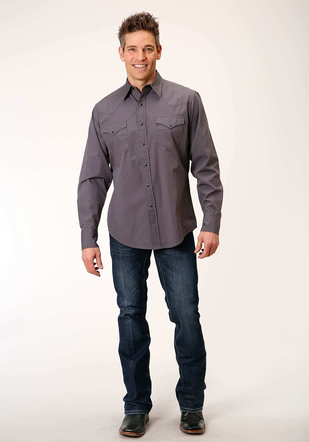 Roper Mens Long Sleeve Snap Solid Poplin Charcoal Western Shirt - Roper - Flyclothing LLC