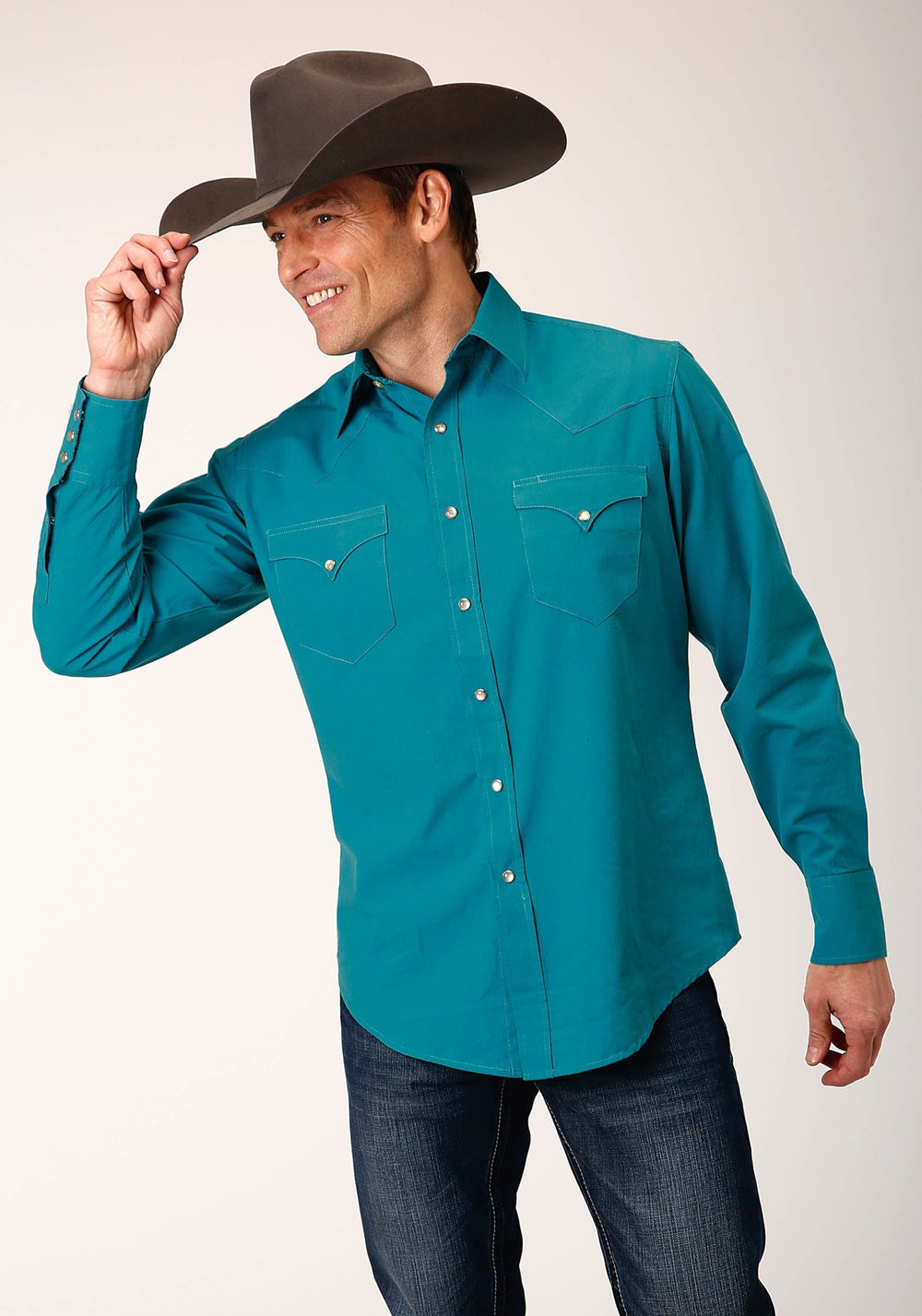 Roper Mens Long Sleeve Snap Solid Poplin Deep Teal Western Shirt - Roper