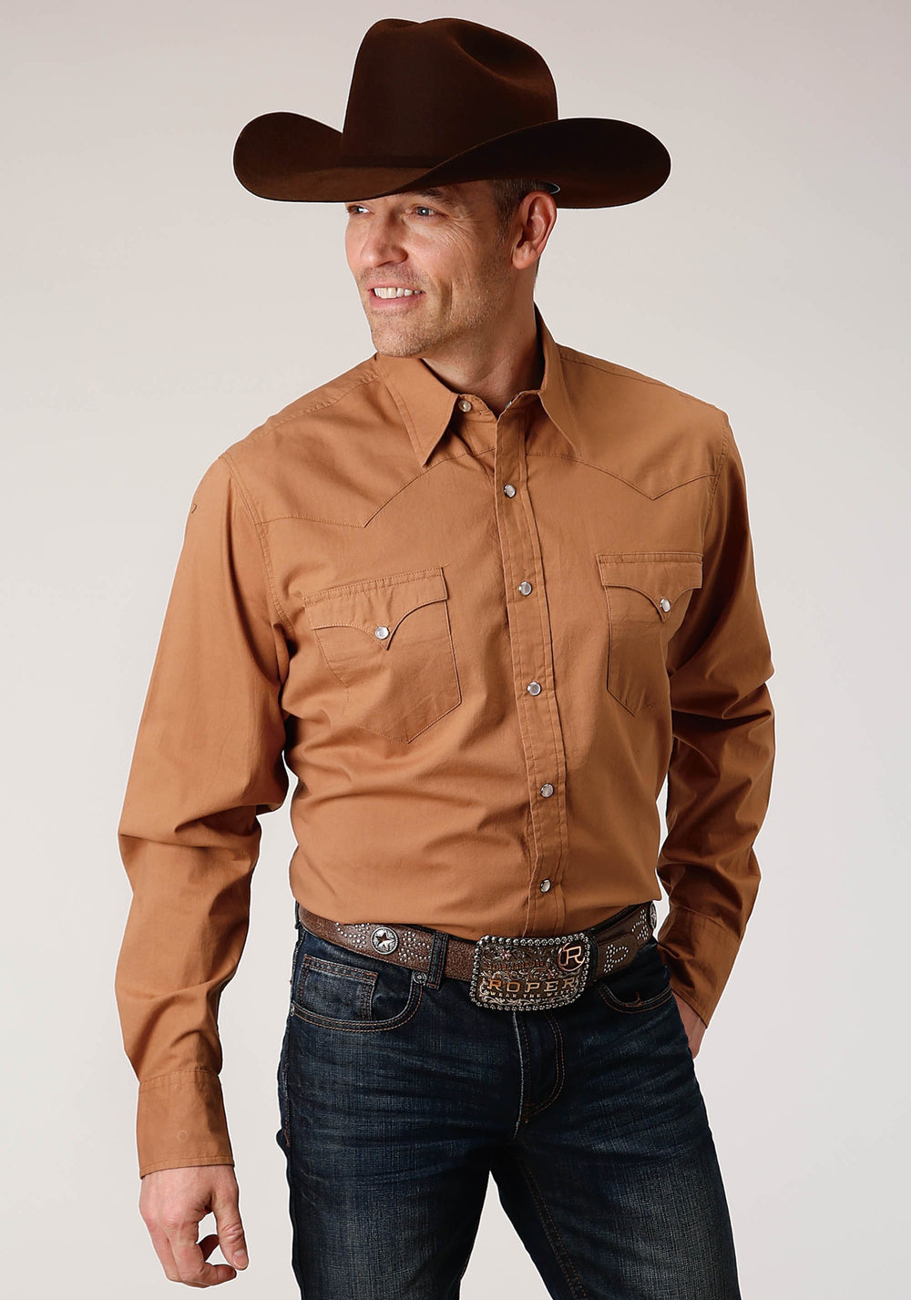Roper Mens Long Sleeve Snap Solid Poplin Caramel Western Shirt - Roper