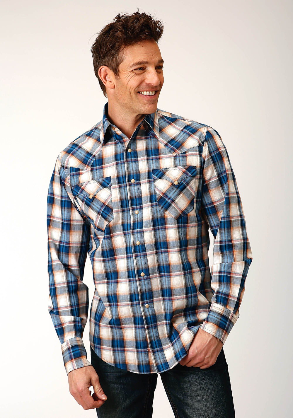 Roper Mens Long Sleeve Snap Denim Plaid Western Shirt - Roper