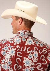 Roper Mens Long Sleeve Snap Hawaiian Horseshoes Print Western Shirt