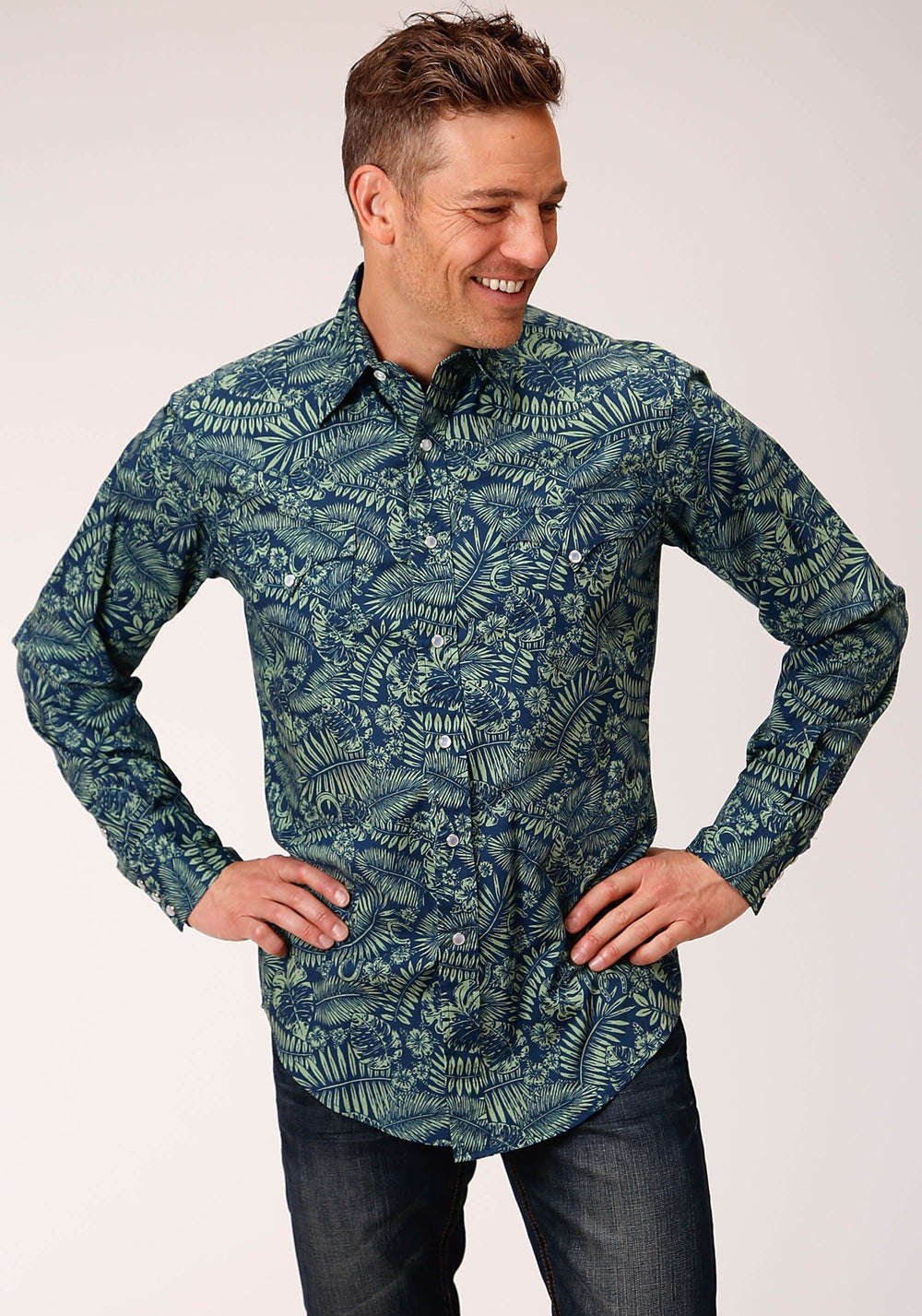 Roper Mens Long Sleeve Snap Lucky Tropical Print Western Shirt - Roper