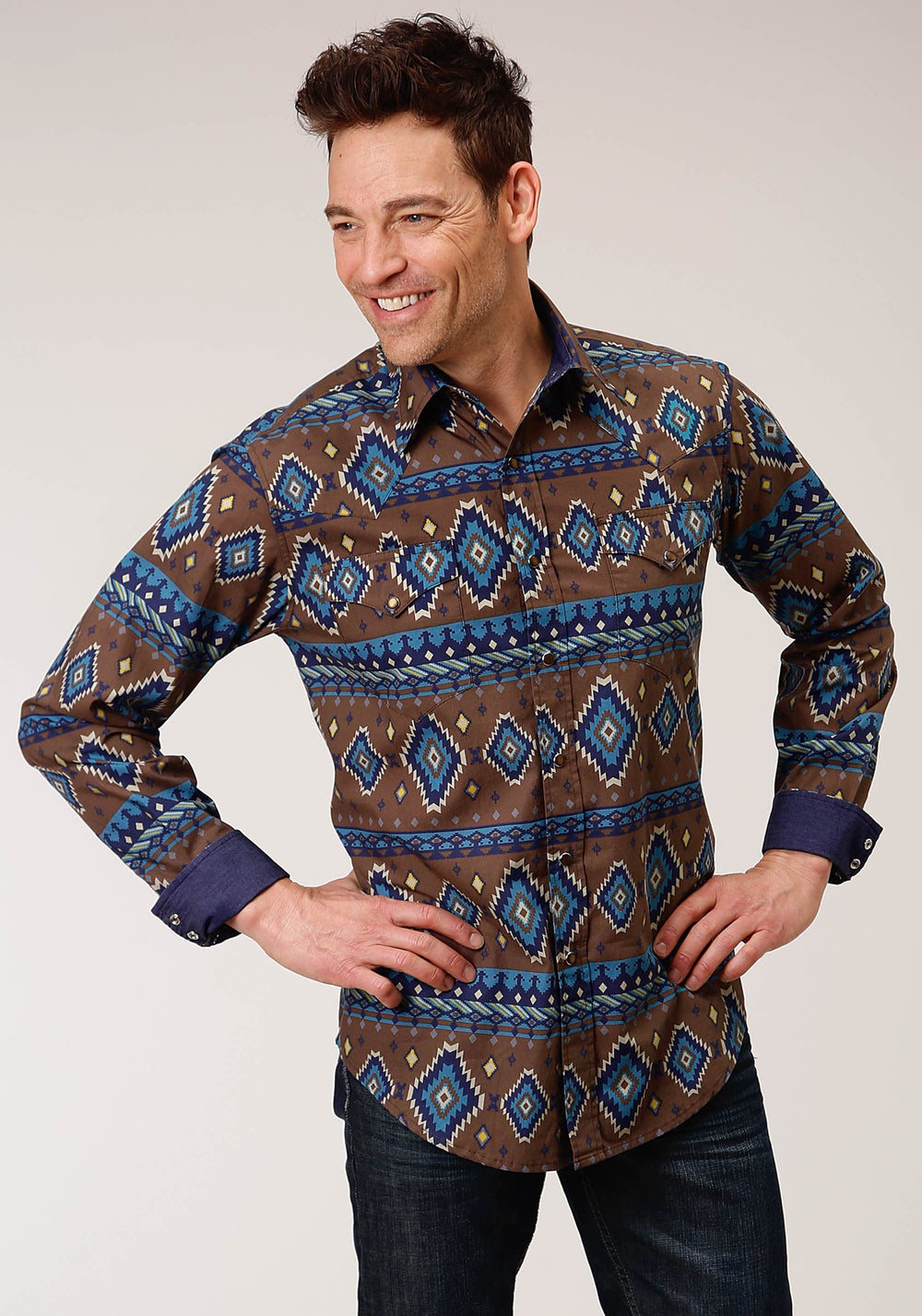 Roper Mens Long Sleeve Snap Chocolate Aztec Print Western Shirt - Roper