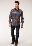 Roper Mens Long Sleeve Snap Chocolate Aztec Print Western Shirt - Roper