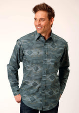 Roper Mens Long Sleeve Snap Gray Fog Aztec Print Western Shirt - Roper - Flyclothing LLC