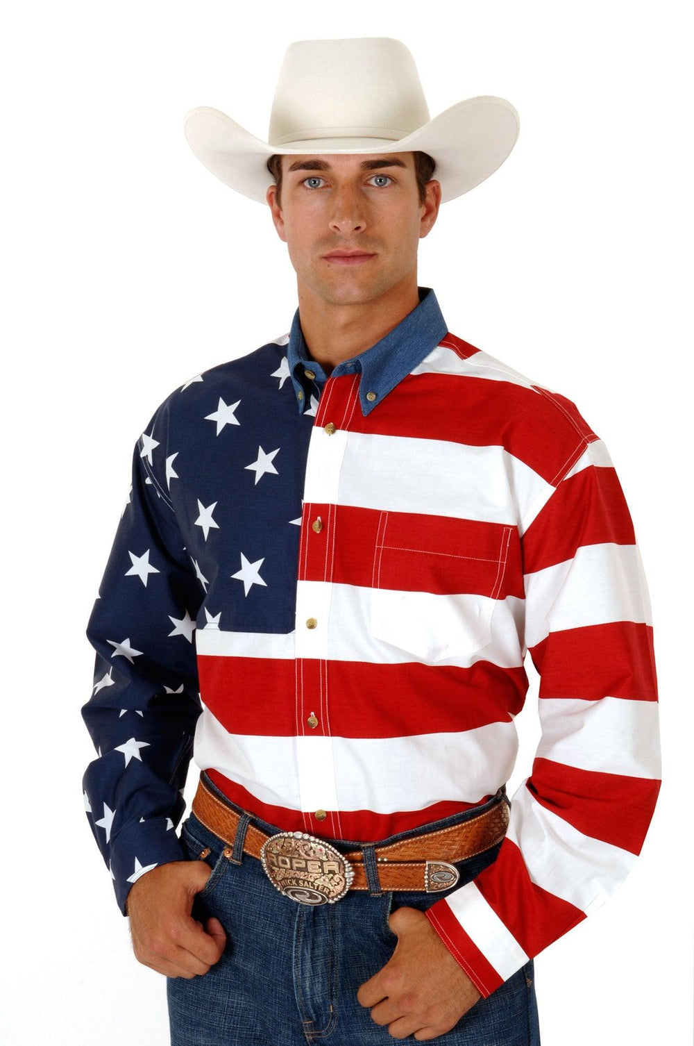 Roper Mens Red White And Blue Stars And Stripes Pieced American Flag Long Sleeve Western Snap Shirt Tall Fit - Roper