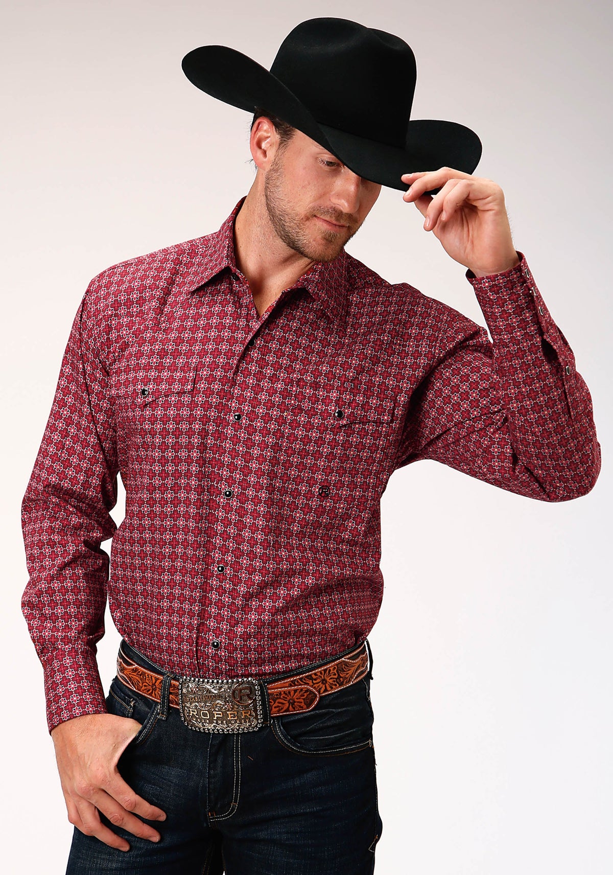 Roper Mens Red And White Foulard Print Long Sleeve Snap Western Shirt
