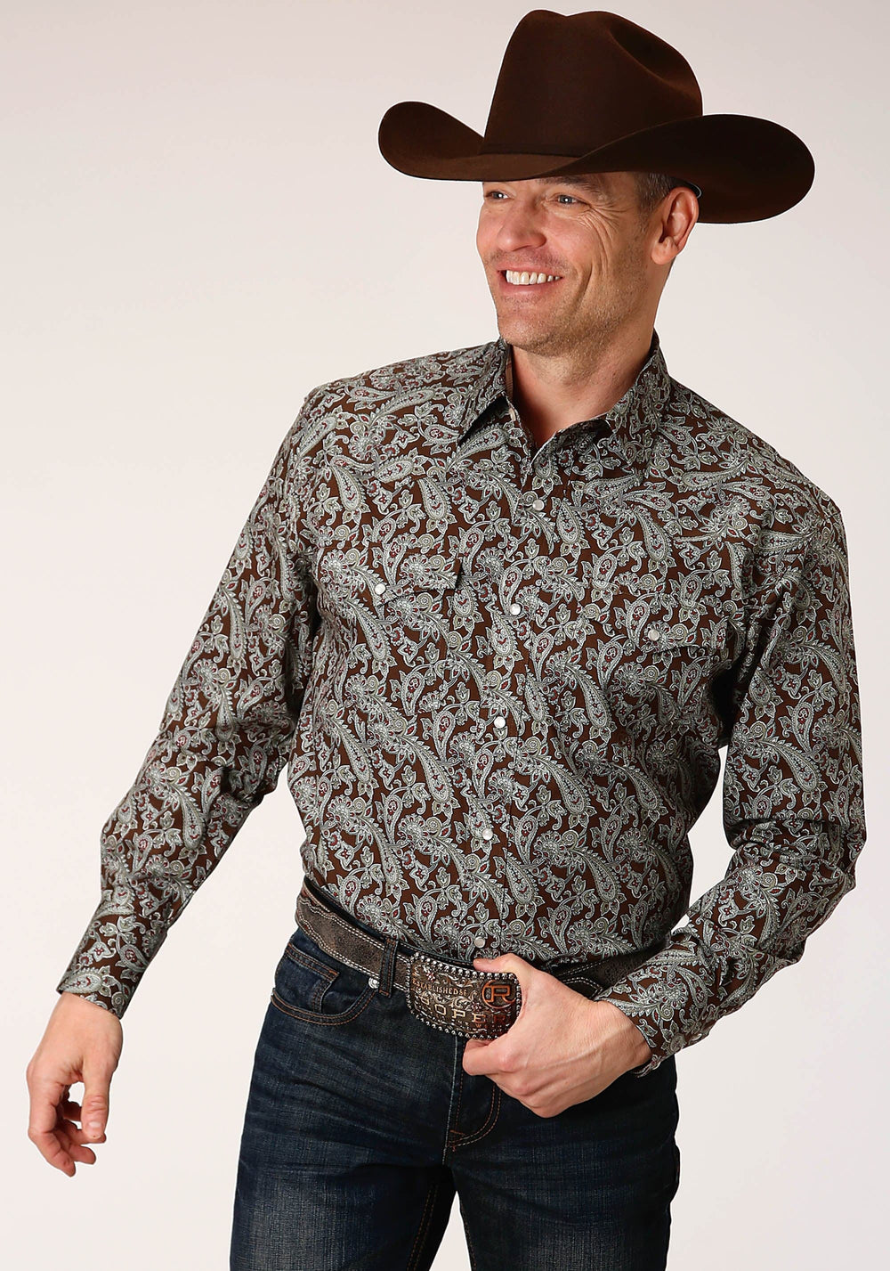 Roper Mens Long Sleeve Snap Pine Paisley Western Shirt - Roper