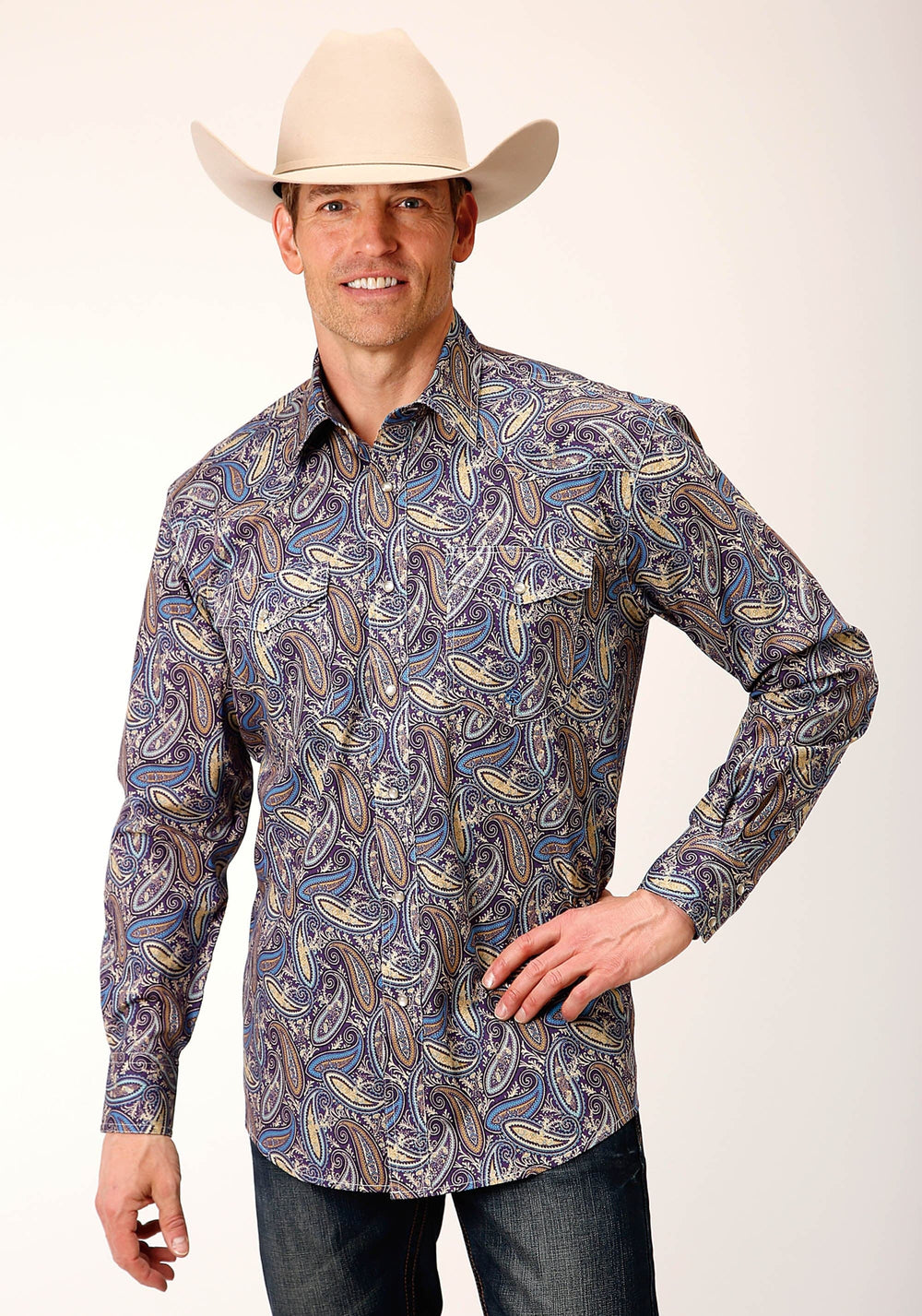 Roper Mens Long Sleeve Snap Royal Paisley Western Shirt - Roper