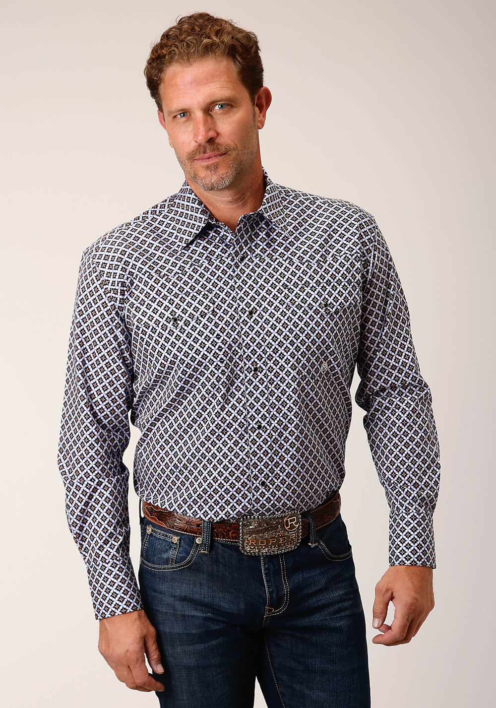 Roper Mens Long Sleeve Snap Tile Pattern Foulard Western Shirt - Roper