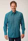 Roper Mens Long Sleeve Snap Vintage Teal Print Western Shirt - Roper