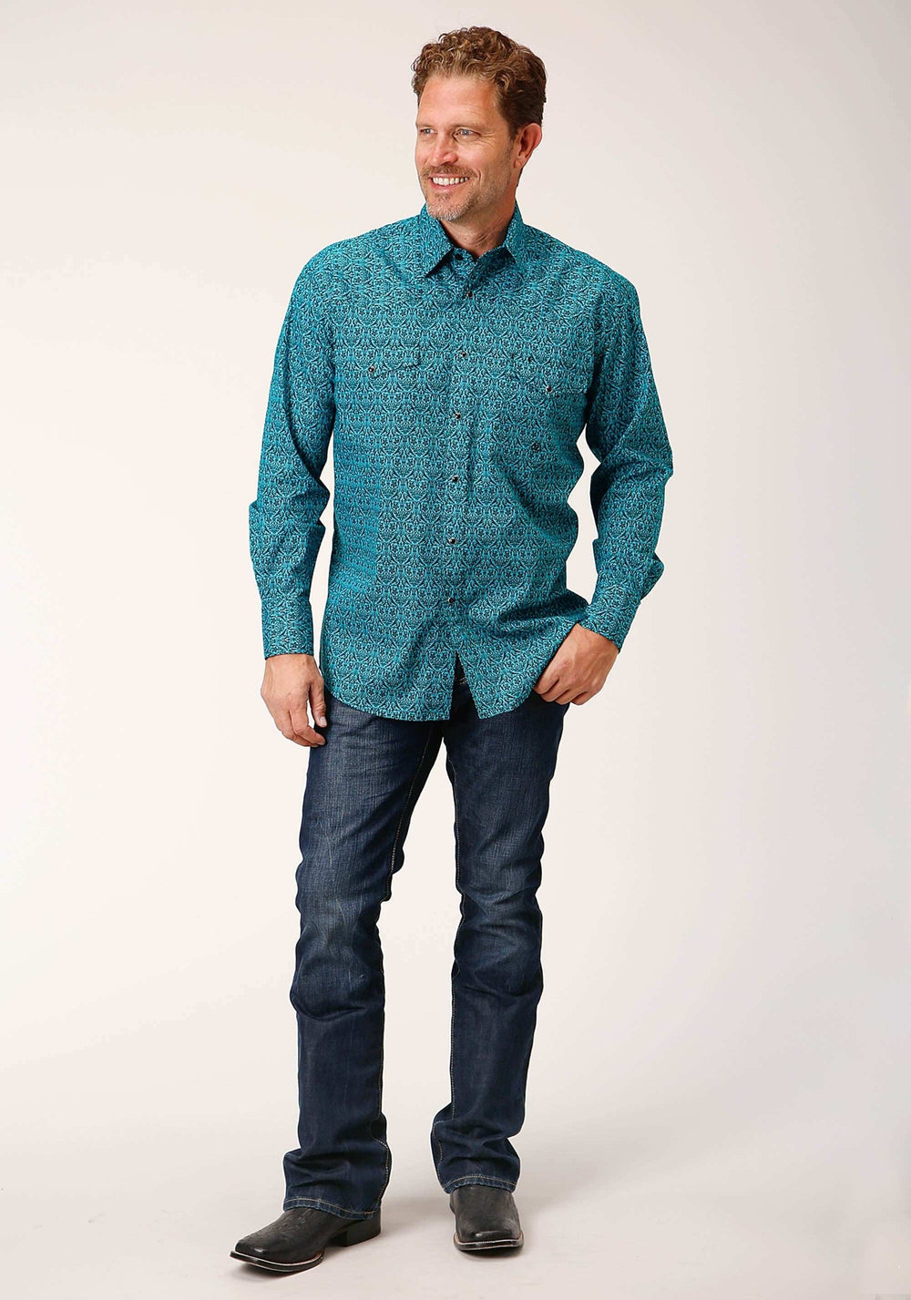 Roper Mens Long Sleeve Snap Vintage Teal Print Western Shirt - Roper - Flyclothing LLC