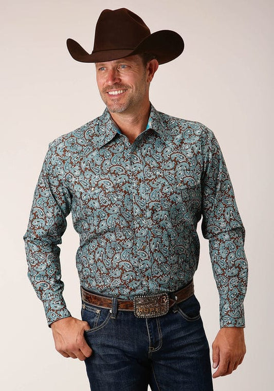 Roper Mens Long Sleeve Snap Turquoise Mine Paisley Western Shirt - Roper