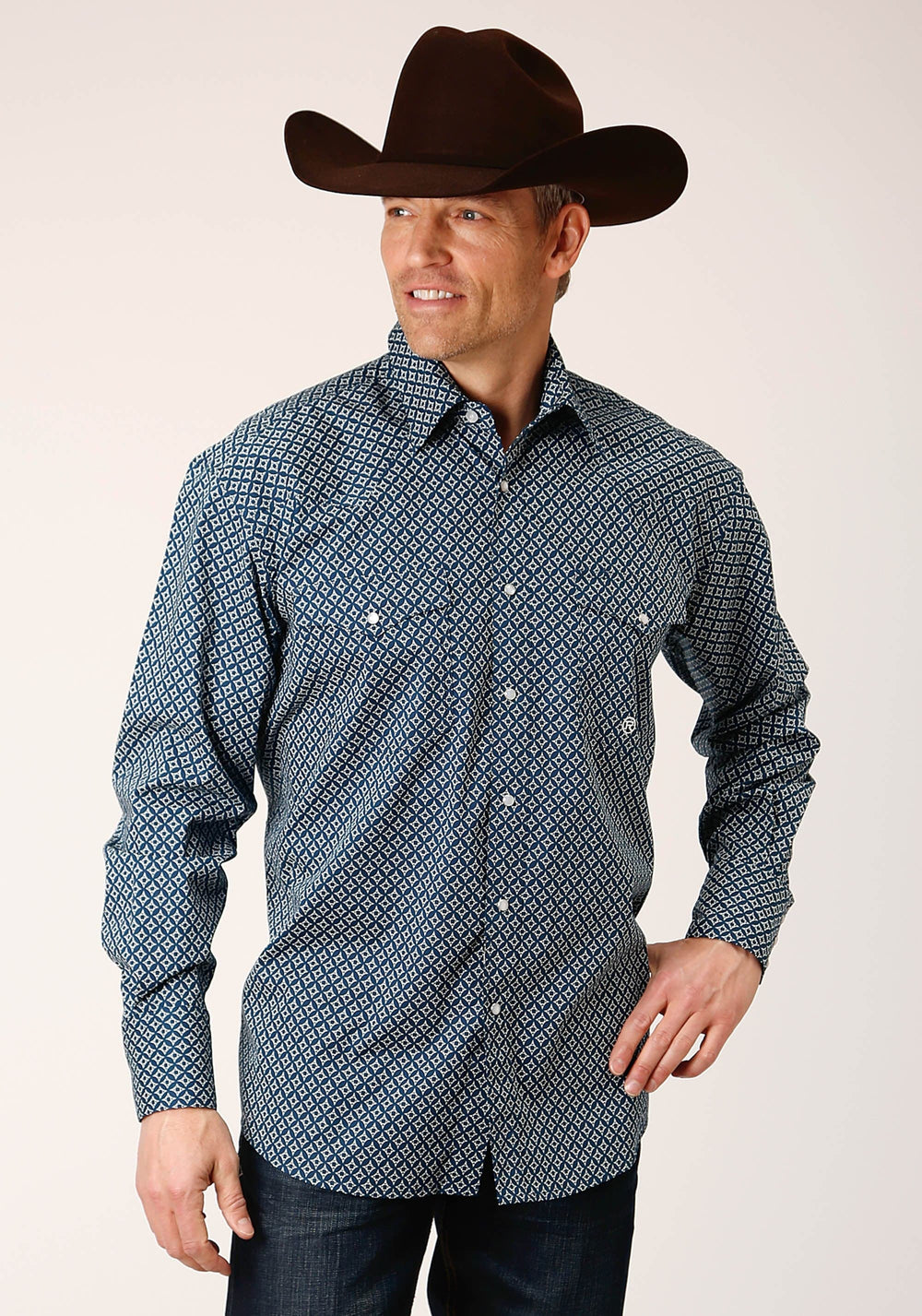 Roper Mens Long Sleeve Snap Diamond Print Navy Western Shirt - Roper