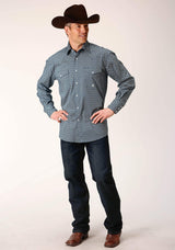 Roper Mens Long Sleeve Snap Diamond Print Navy Western Shirt - Roper - Flyclothing LLC