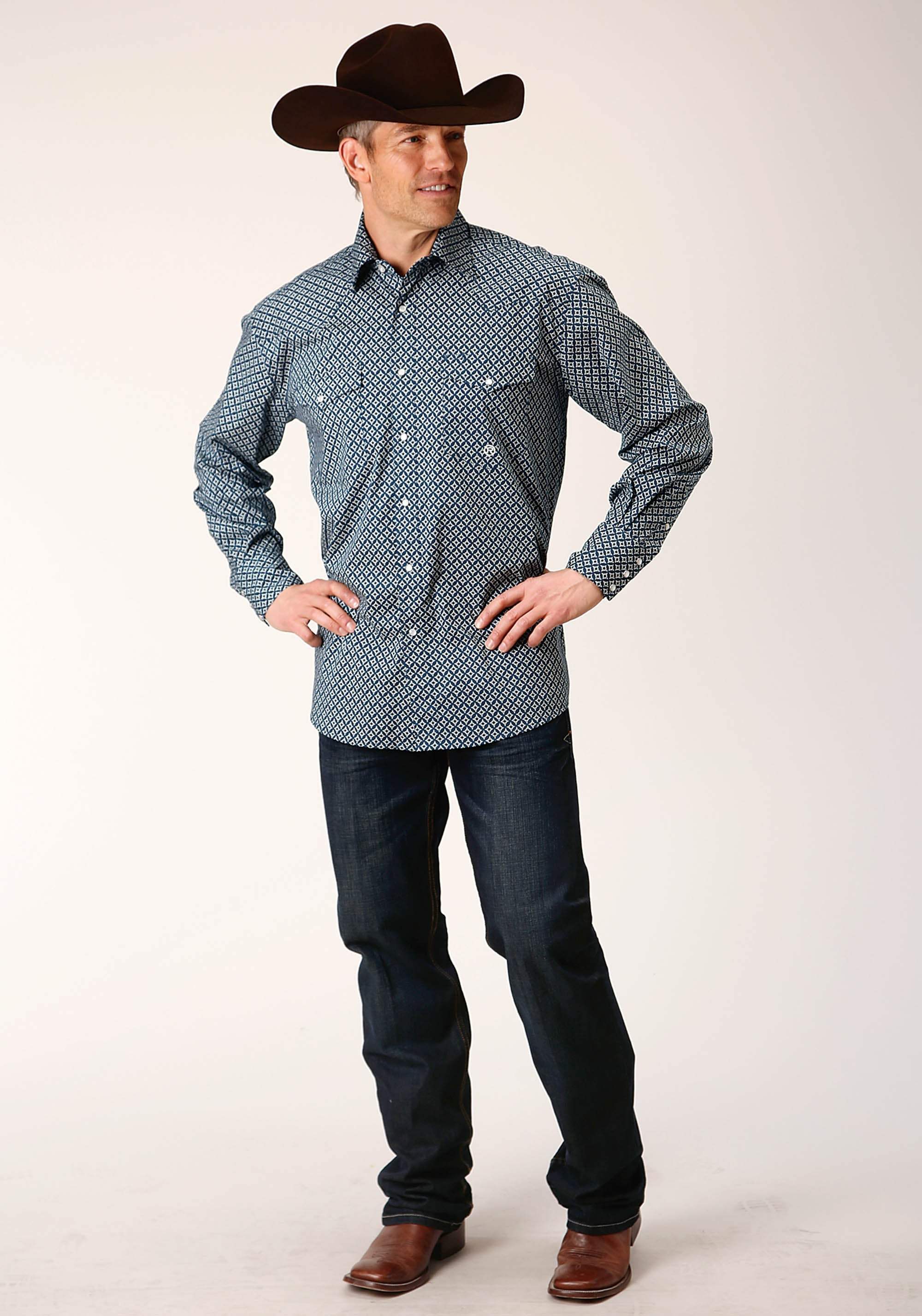 Roper Mens Long Sleeve Snap Diamond Print Navy Western Shirt - Roper - Flyclothing LLC
