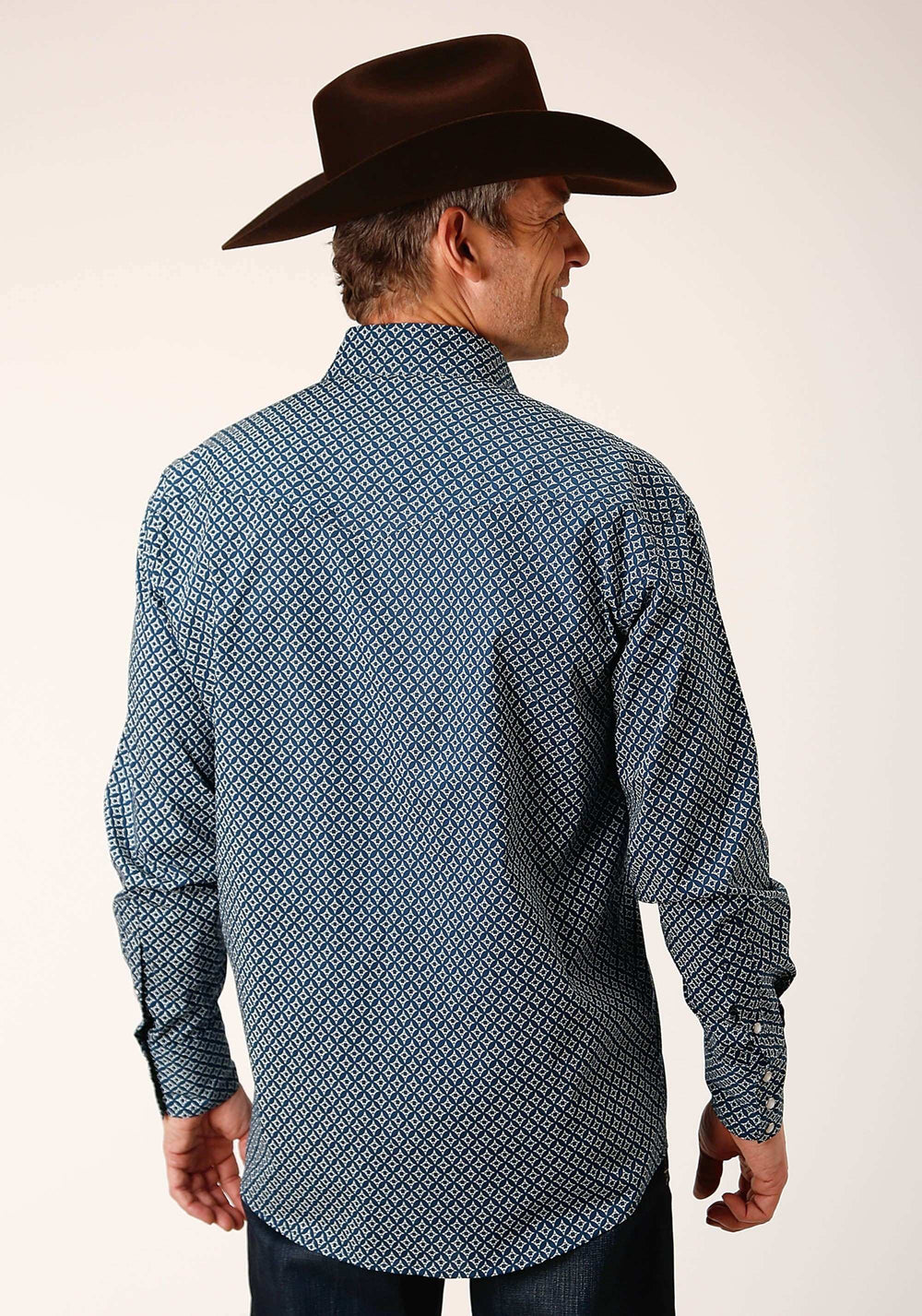 Roper Mens Long Sleeve Snap Diamond Print Navy Western Shirt - Roper - Flyclothing LLC