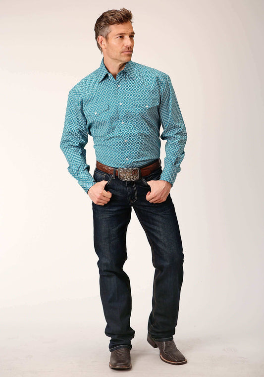 Roper Mens Long Sleeve Snap Diamond Print Turquoise Western Shirt - Roper - Flyclothing LLC