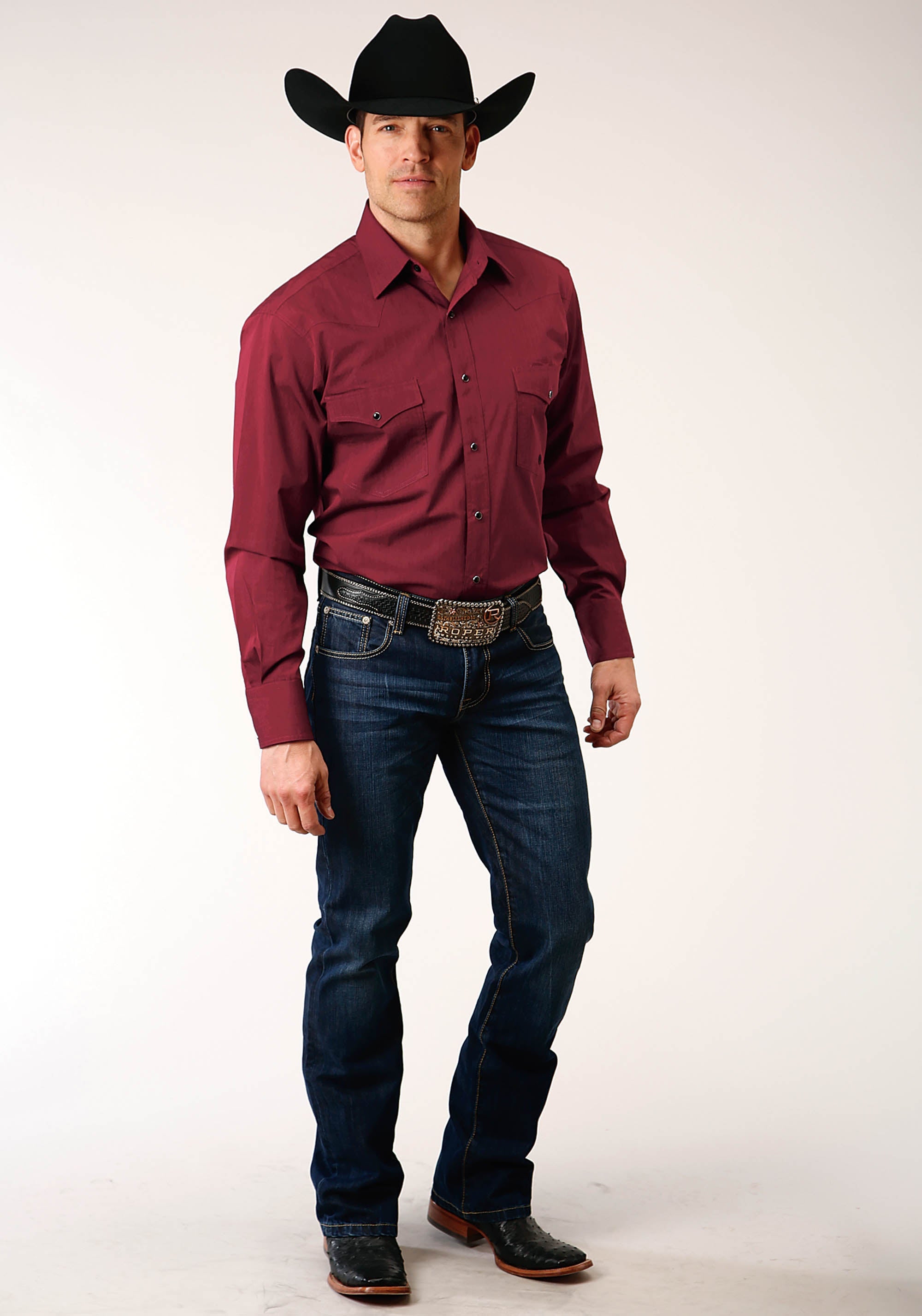 Roper Mens Long Sleeve Snap Black Fill Solid Red Western Shirt