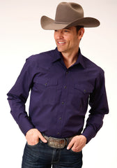 Roper Mens Long Sleeve Snap Black Fill Solid Purple Western Shirt