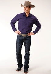 Roper Mens Long Sleeve Snap Black Fill Solid Purple Western Shirt - Roper