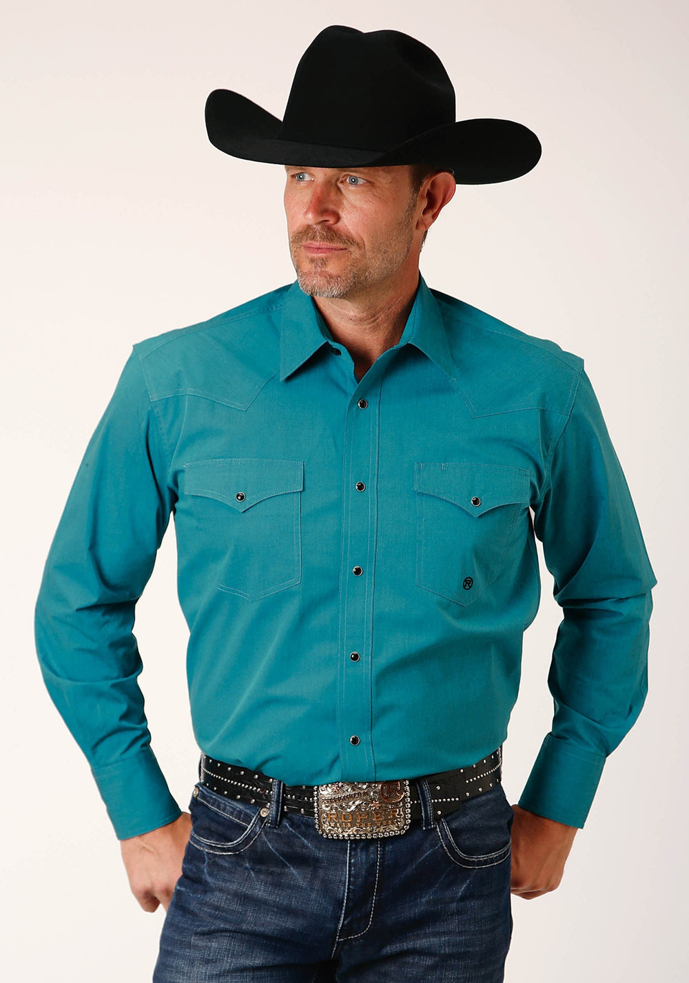 Roper Mens Long Sleeve Snap Black Fill Solid Teal Western Shirt - Roper