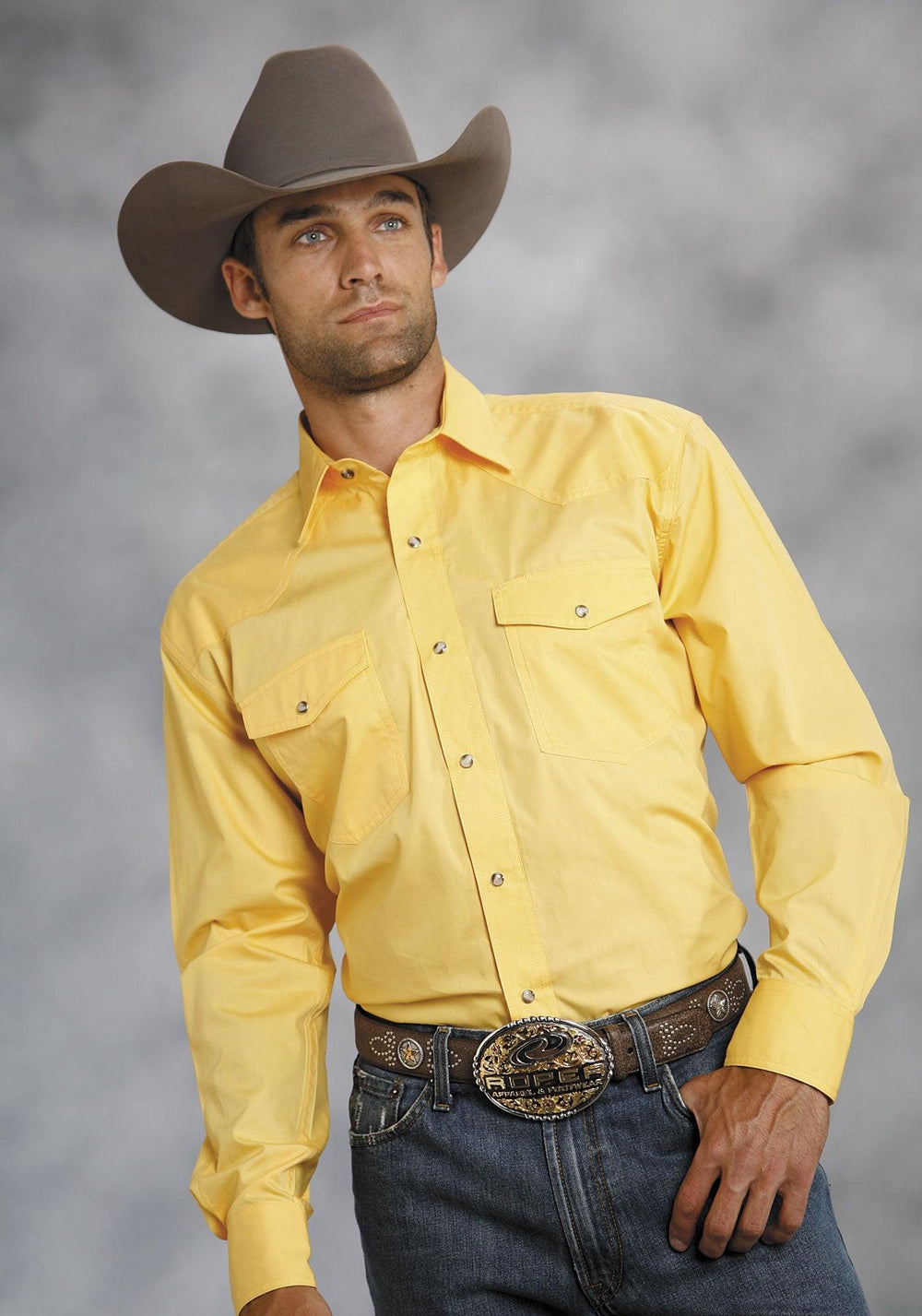 Roper Mens Yellow Solid Long Sleeve Western Snap Shirt - Roper