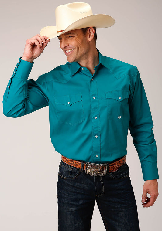 Roper Mens Long Sleeve Snap Solid Poplin Stretch Turquoise Western Shirt