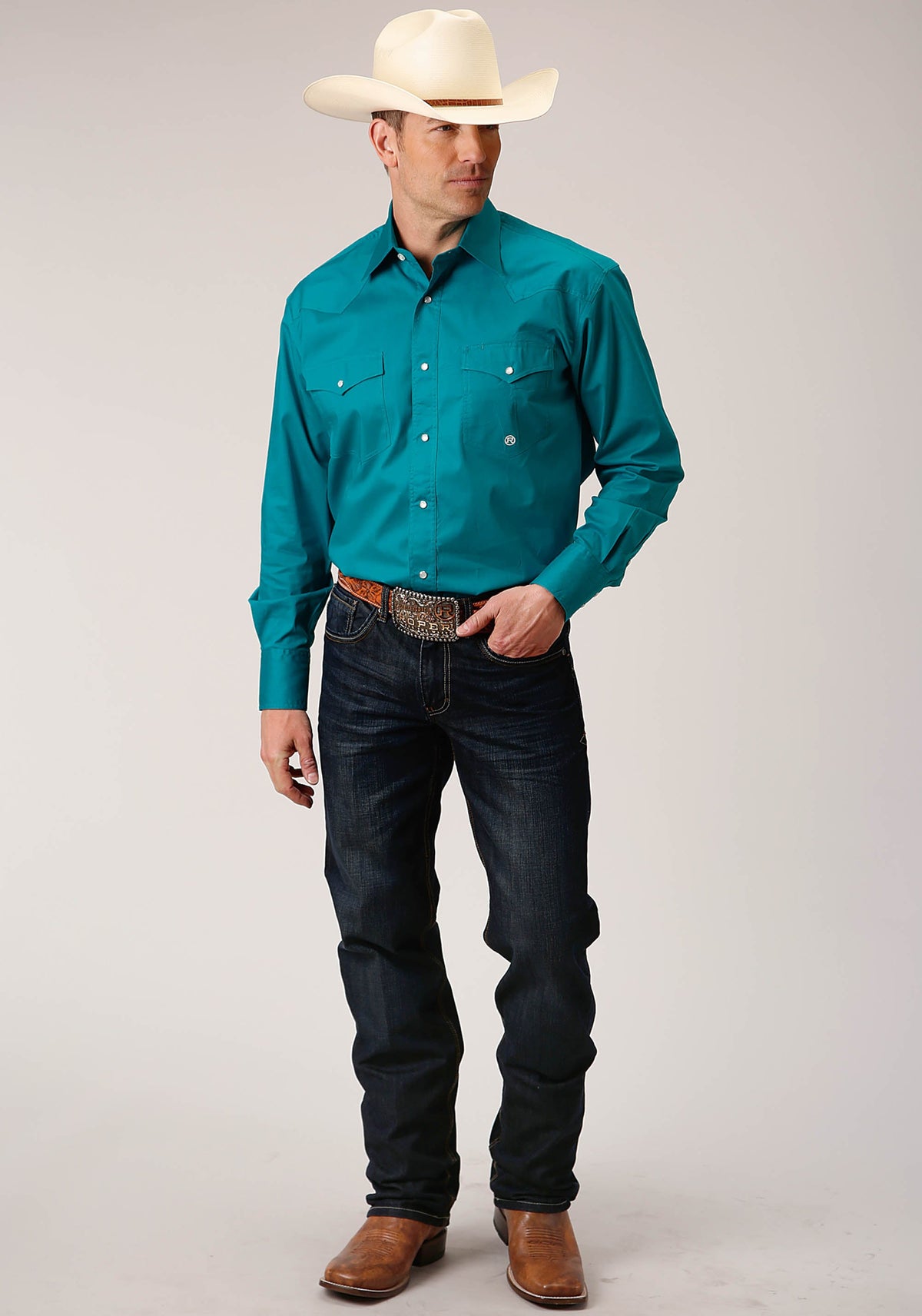 Roper Mens Long Sleeve Snap Solid Poplin Stretch Turquoise Western Shirt
