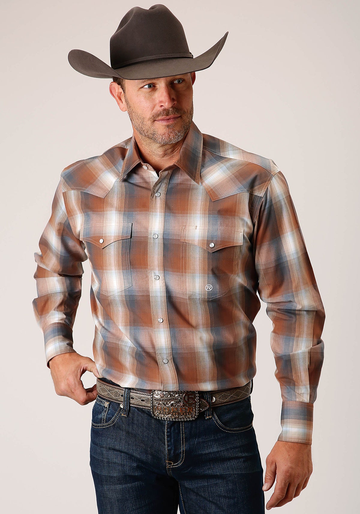 Roper Mens Long Sleeve Snap Copper Ombre Plaid Western Shirt
