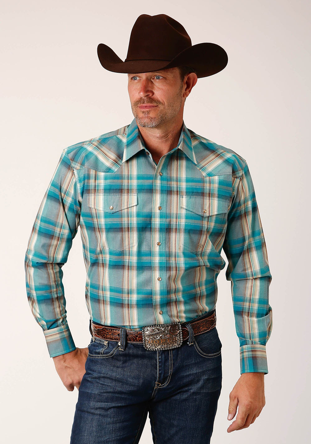 Roper Mens Long Sleeve Snap Sandy Turquoise Plaid Western Shirt - Roper