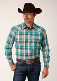 Roper Mens Long Sleeve Snap Sandy Turquoise Plaid Western Shirt - Roper