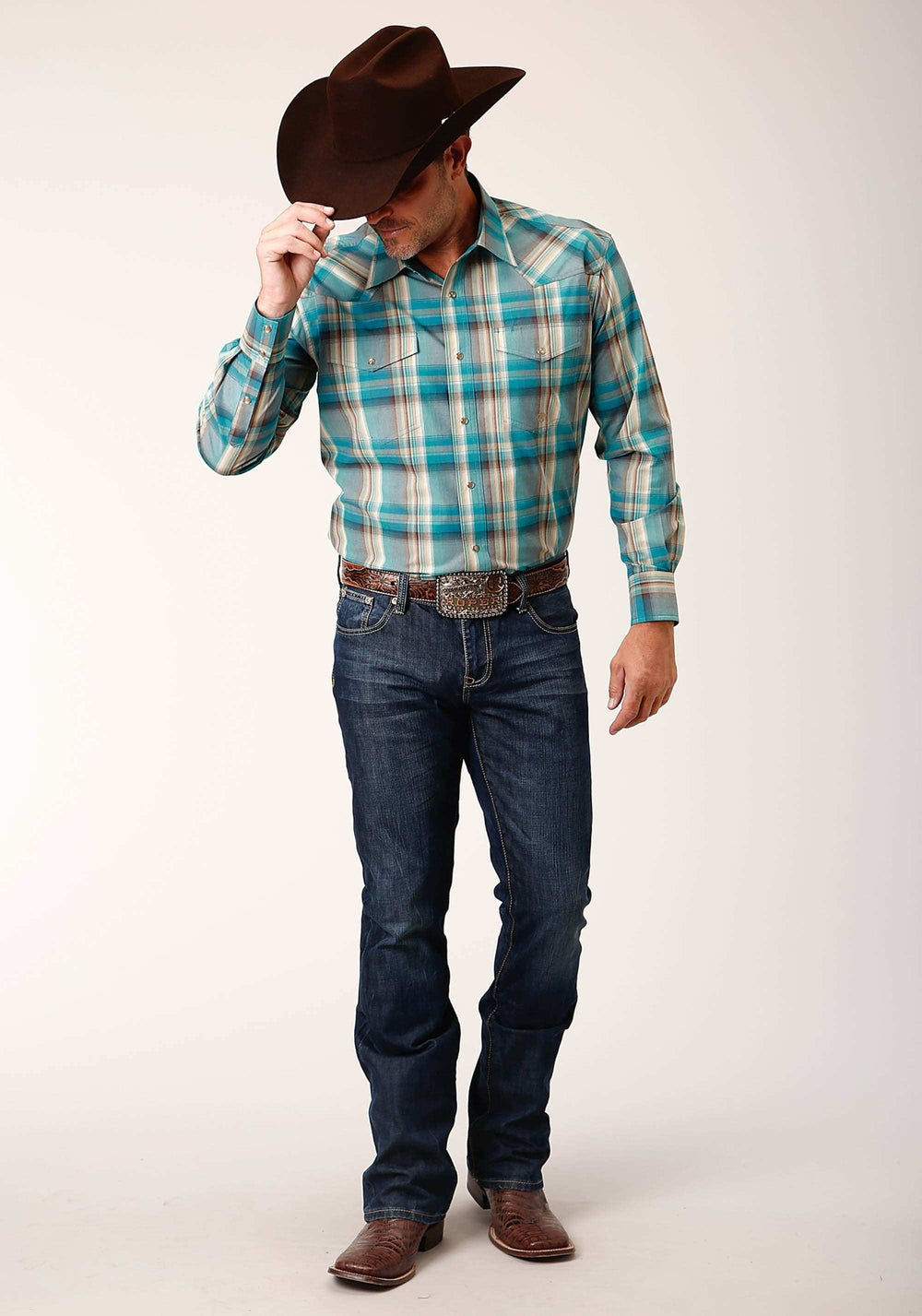 Roper Mens Long Sleeve Snap Sandy Turquoise Plaid Western Shirt - Roper - Flyclothing LLC